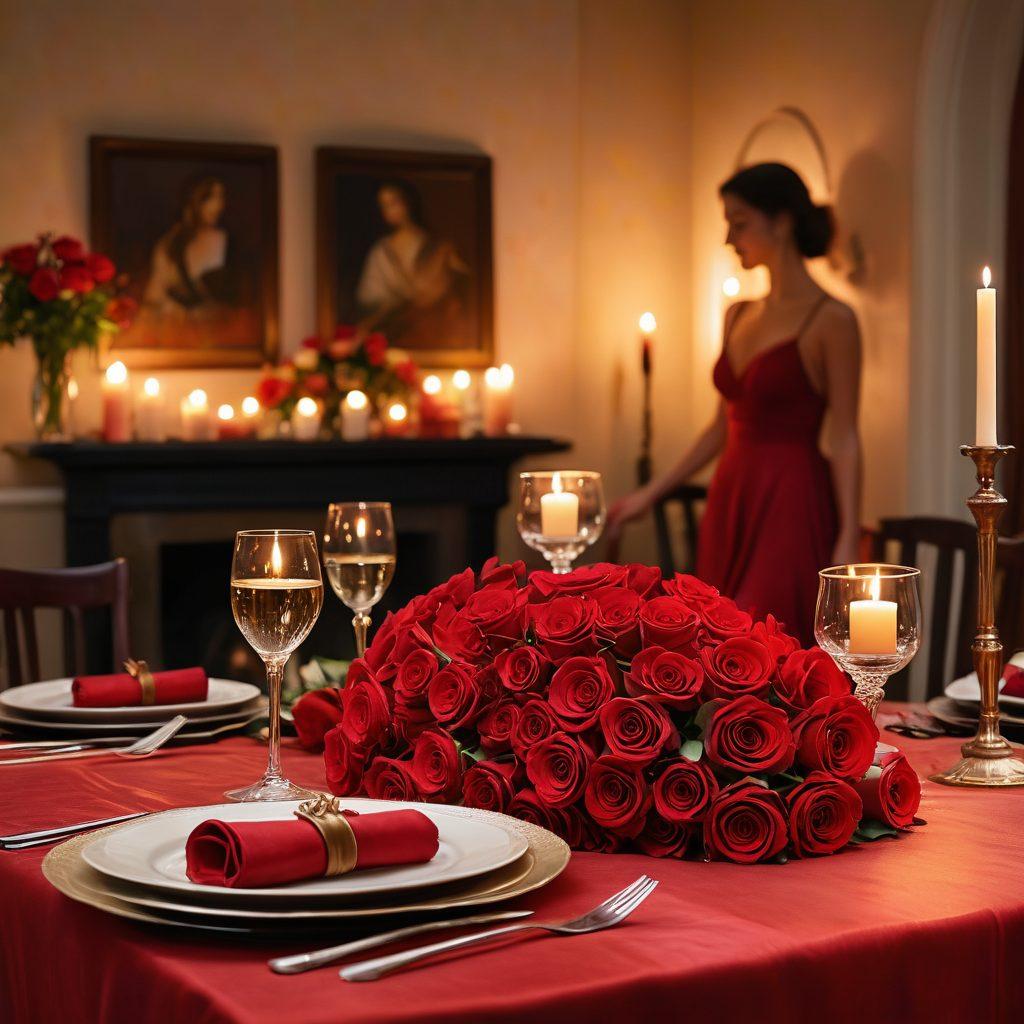 A romantic setting featuring a beautifully lit candlelit dinner table adorned with roses, soft fabrics, and flickering candle flames. In the background, silhouette figures express intimacy and passion, surrounded by dreamy, warm colors. The atmosphere should evoke feelings of desire and sensuality, inviting the viewer into a world of romance. super-realistic. vibrant colors. soft focus.
