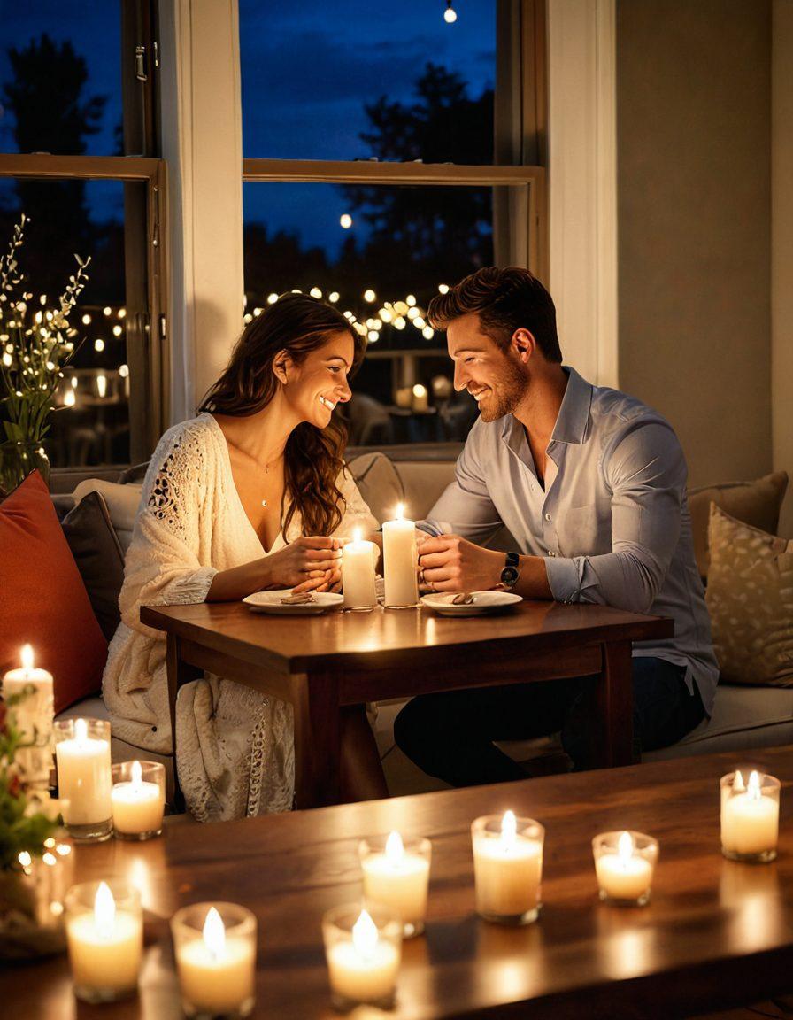 A warm, inviting scene featuring a diverse couple engaging in heartfelt conversation over a cozy candlelit dinner, surrounded by soft, intimate decor like plush cushions and gentle fairy lights. Incorporate elements symbolizing connection, such as intertwined hands and shared laughter, to emphasize the theme of relationships fueled by passion. The atmosphere should feel romantic and emotional, capturing the essence of intimate moments. vibrant colors. soft focus. warm lighting.